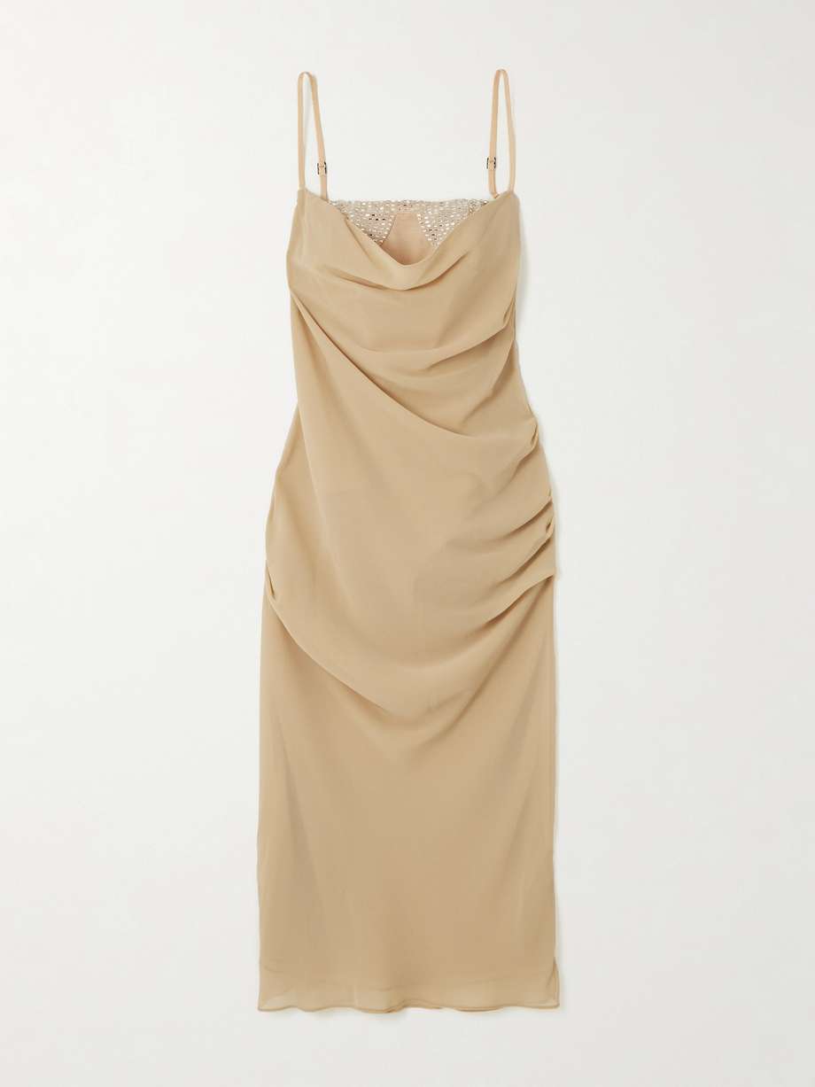 crystal-embellished draped crepe midi bustier dress