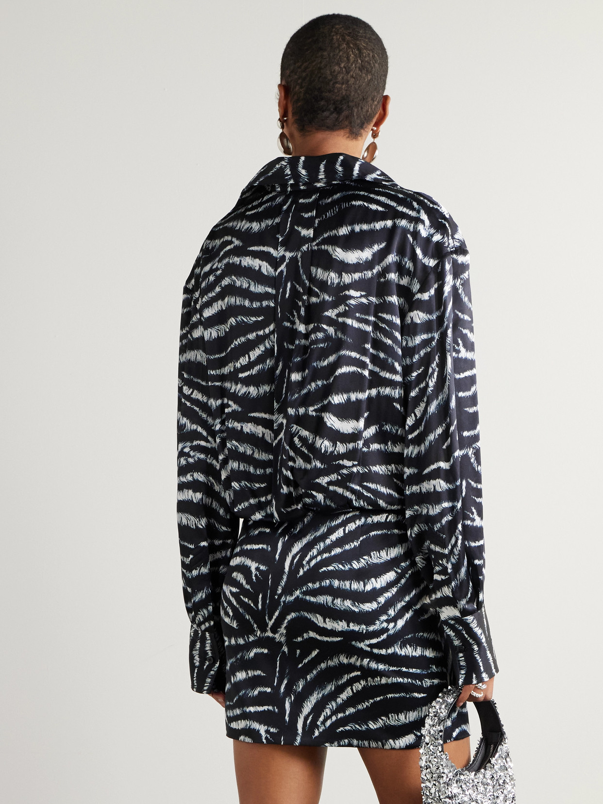 Attico Silvye Printed Satin Mini Shirt Dress In Black