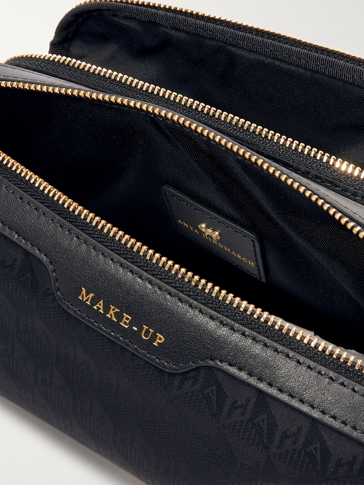 Anya Hindmarch Small Makeup Leather-trimmed Econyl®-jacquard Cosmetics Case In Black