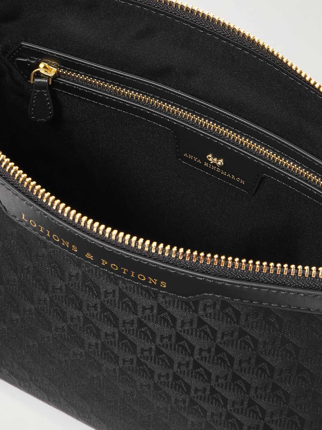 Anya Hindmarch Lotions And Potions Leather-trimmed Jacquard Cosmetics Case In Black