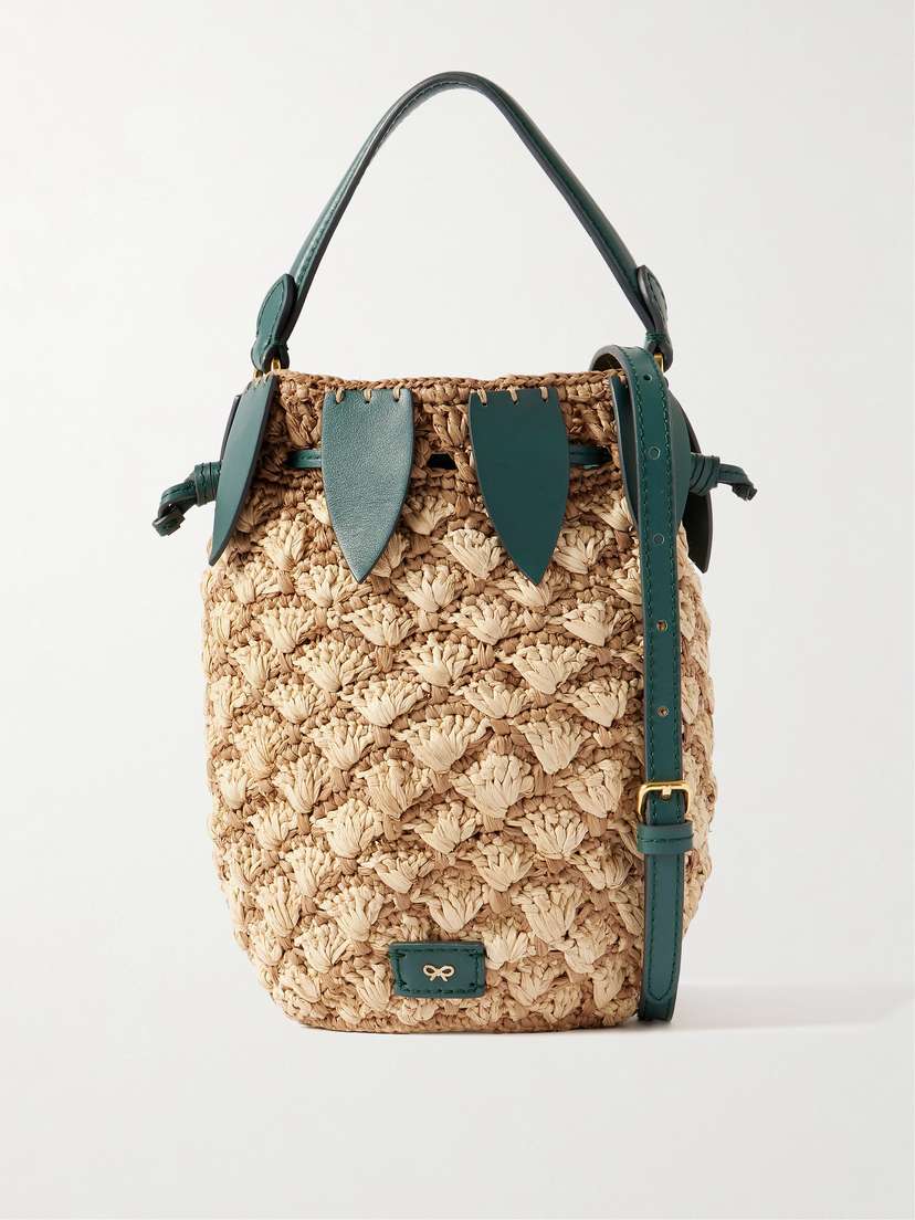 Anya Hindmarch Pineapple Leather-trimmed Raffia Bucket Bag