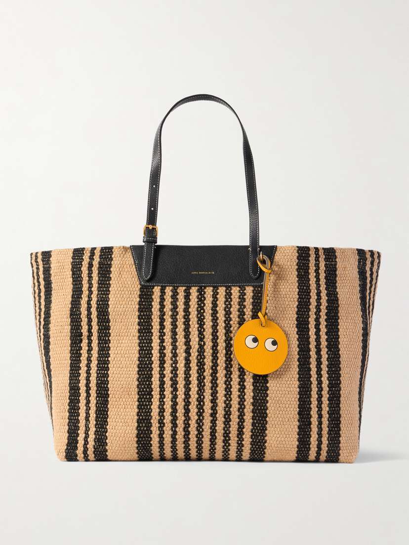 Anya Hindmarch + Maison Bengal Leather-trimmed Striped Jute Tote