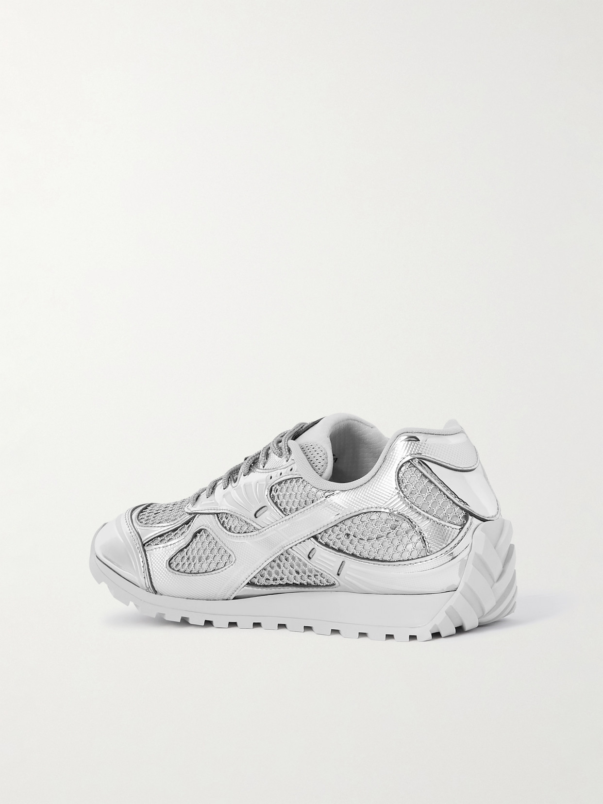 Shop Bottega Veneta Orbit Metallic Rubber, Mesh And Fishnet Sneakers In Silver