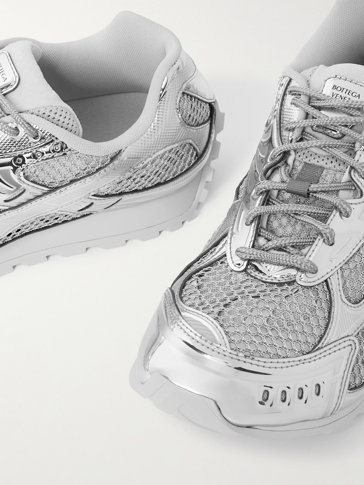 Shop Bottega Veneta Orbit Metallic Rubber, Mesh And Fishnet Sneakers In Silver