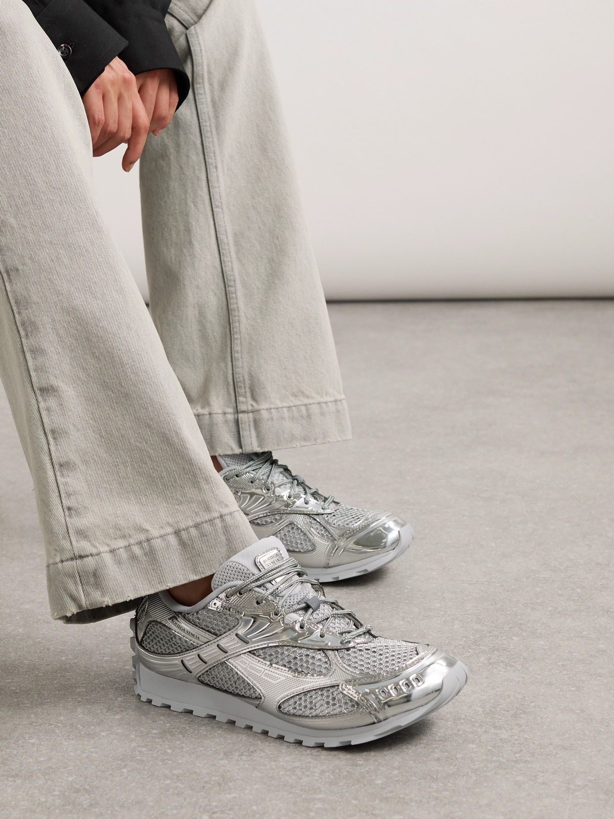 BOTTEGA VENETA ORBIT METALLIC RUBBER, MESH AND FISHNET SNEAKERS