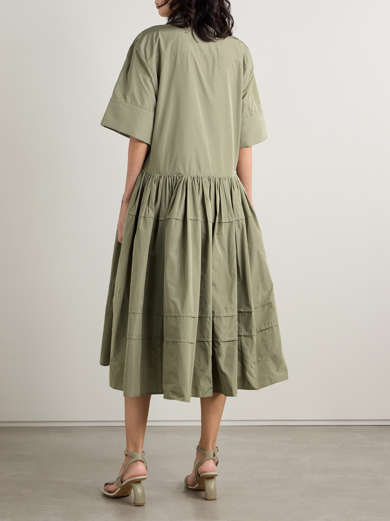 Jil Sander Pleated Sateen Midi Shirt Dress In Green