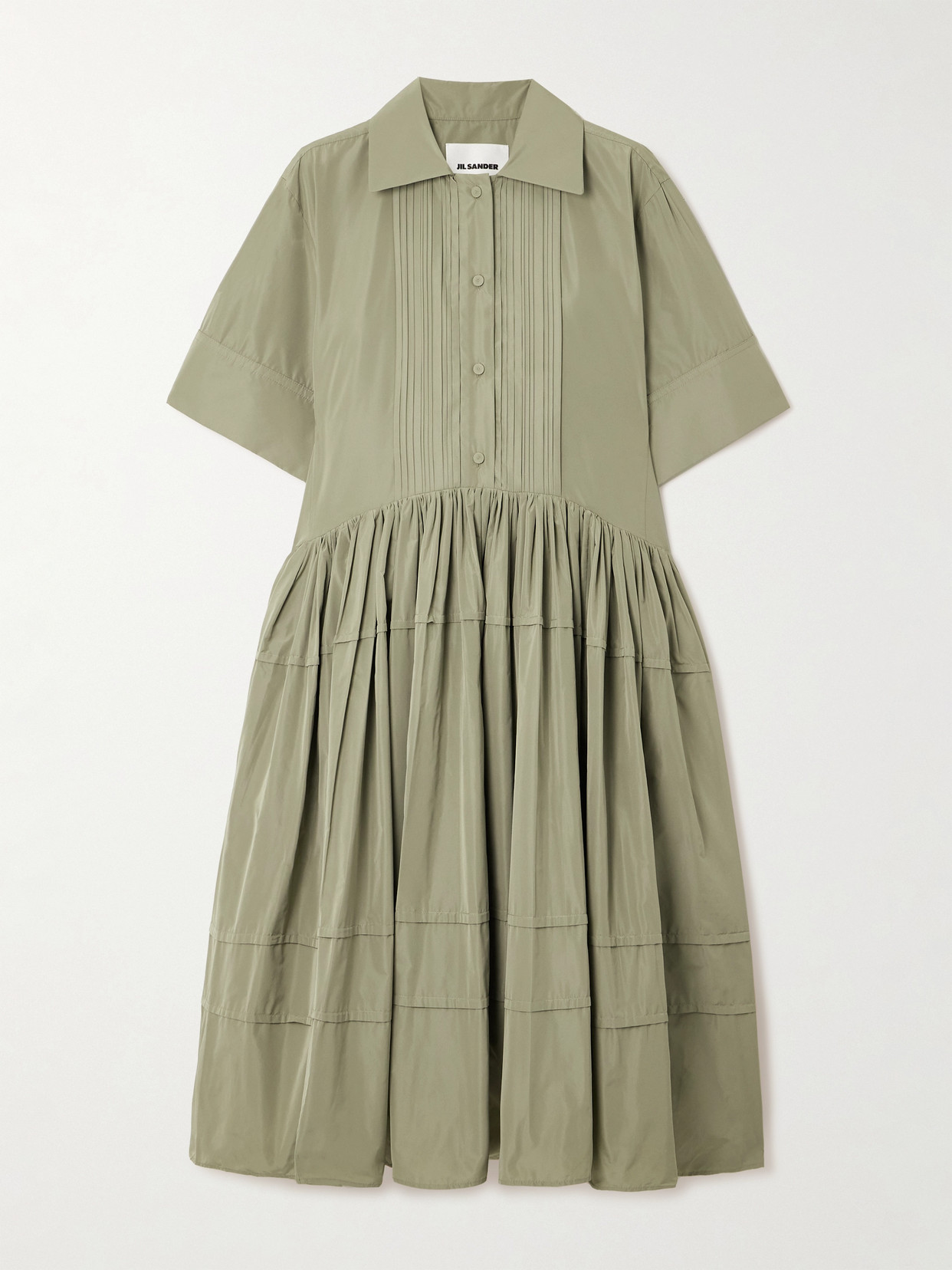Jil Sander Pleated Sateen Midi Shirt Dress In Green