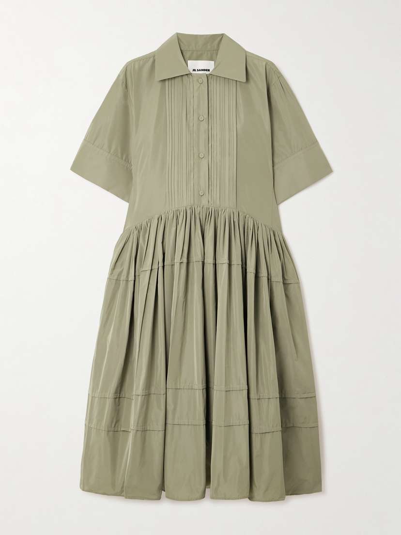 Jil Sander Pleated Sateen Midi Shirt Dress