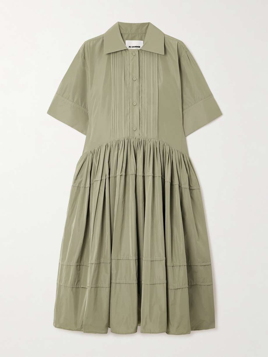 pleated sateen midi shirt dress