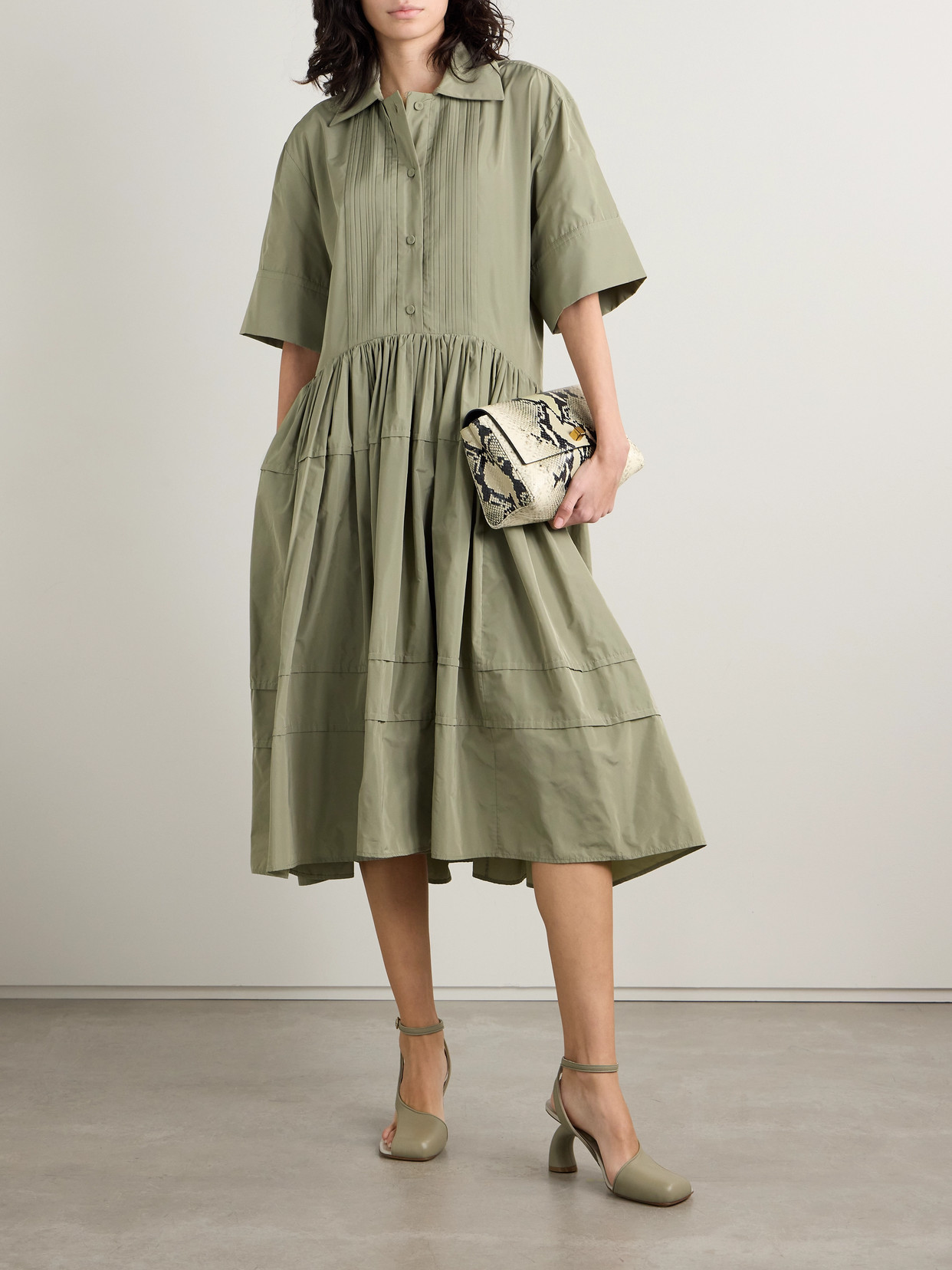 Jil Sander Pleated Sateen Midi Shirt Dress In Green