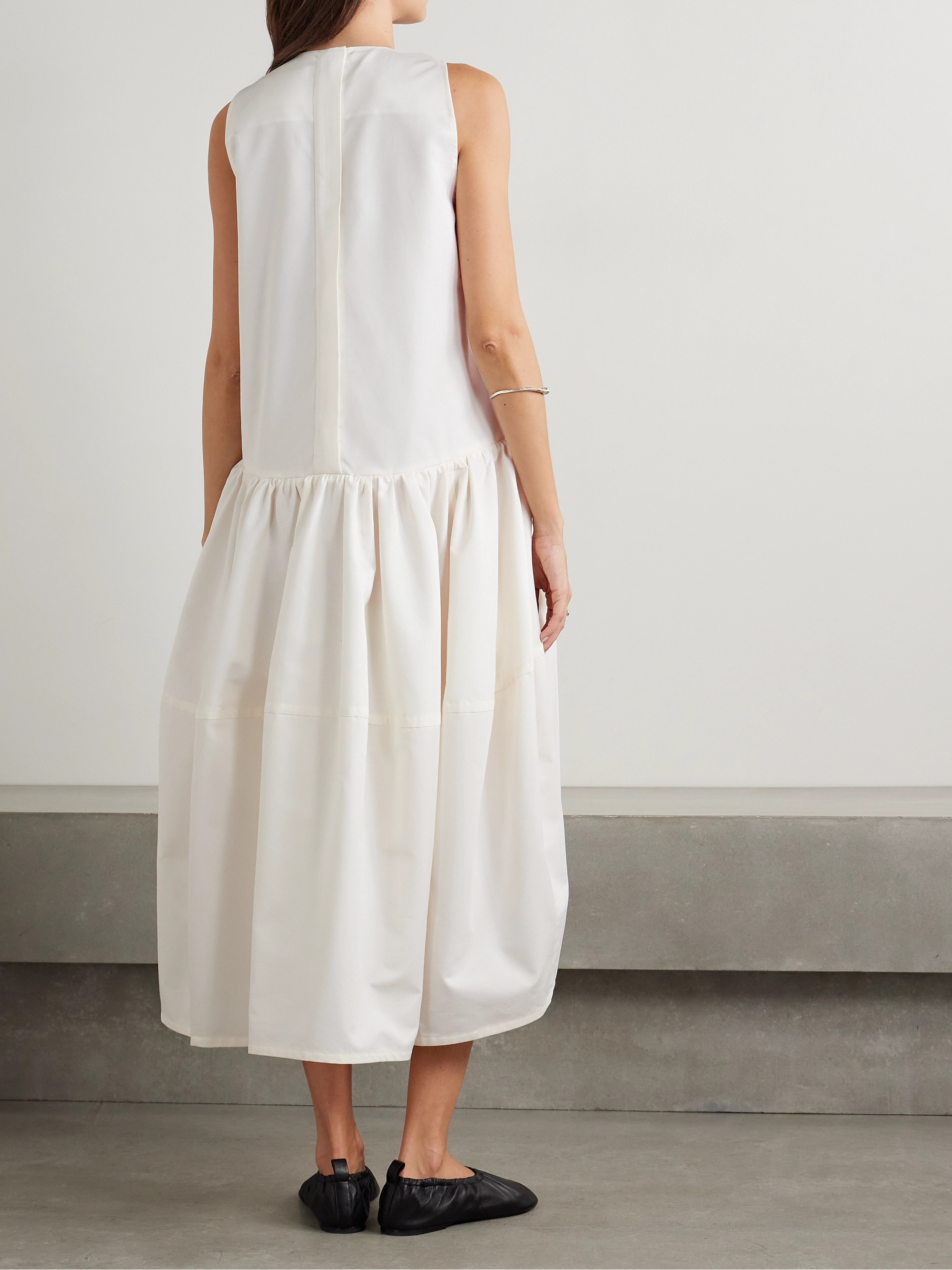 Jil Sander - Gathered pleated cotton and silk-blend poplin midi dress |  Plush