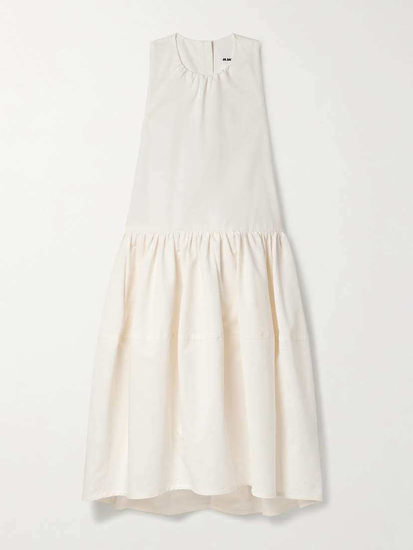 Jil Sander Gathered Pleated Cotton And Silk-blend Poplin Midi Dress