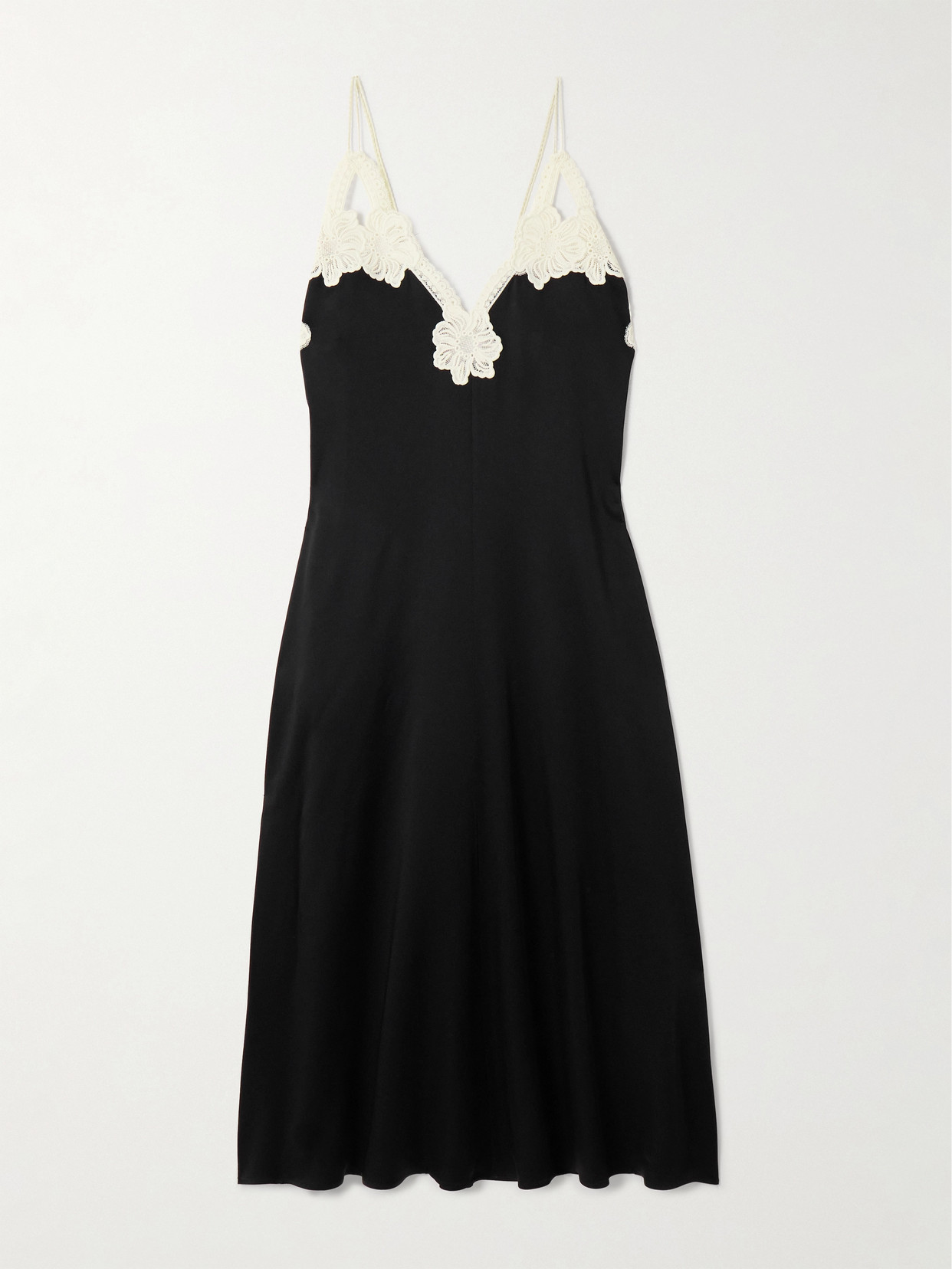 Jil Sander Guipure Lace-trimmed Satin Midi Dress In Black