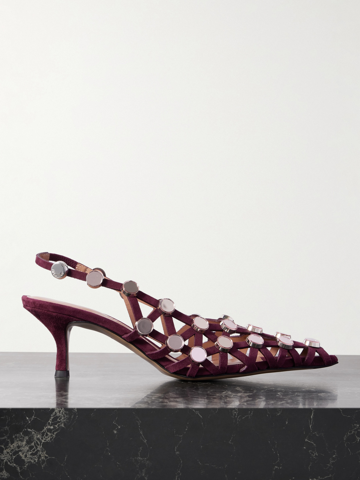 Attico Grid Studded Suede Slingback Pumps In Burgundy