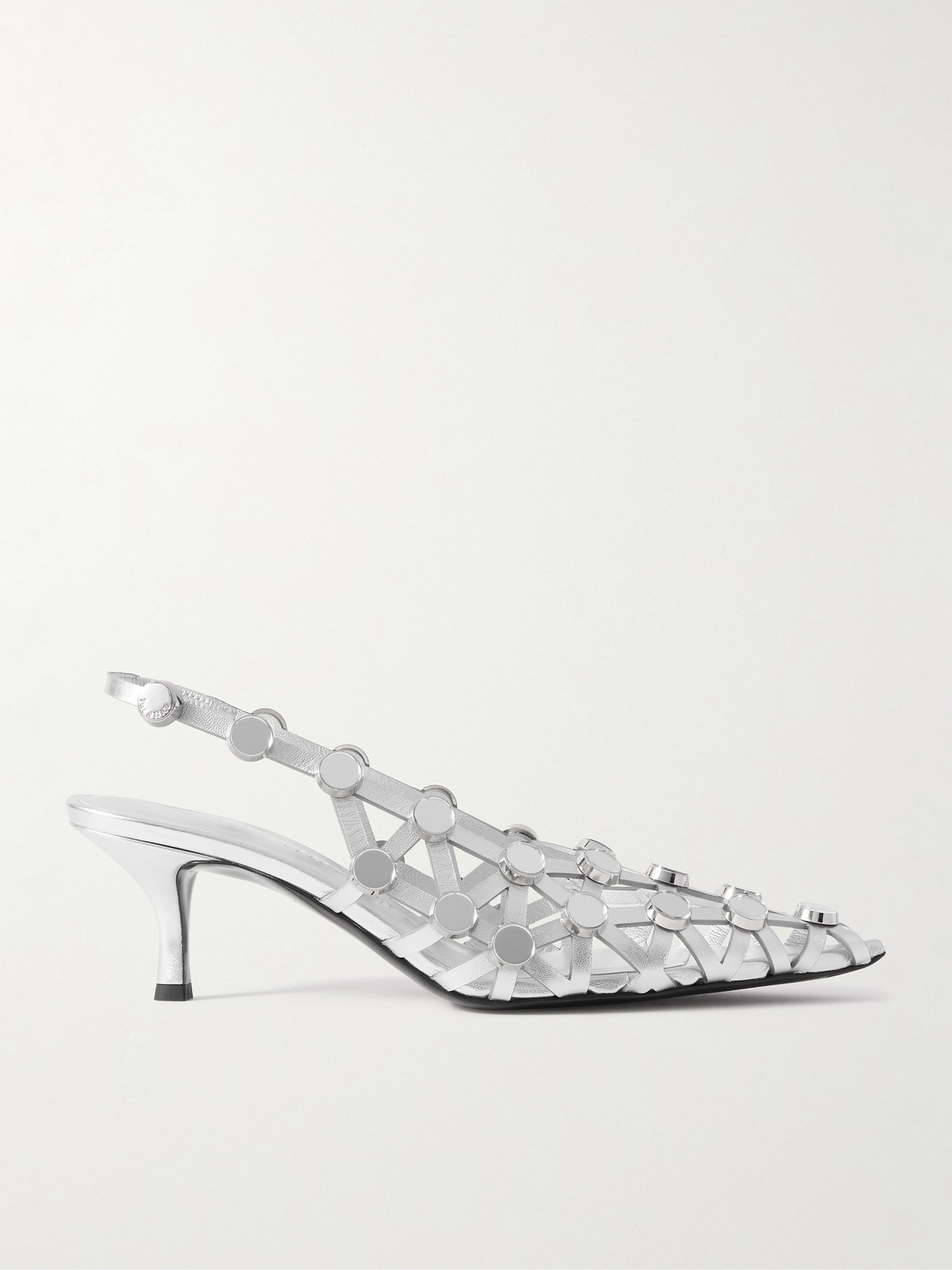 The Attico - Grid Studded Metallic Leather Slingback Pumps - Silver