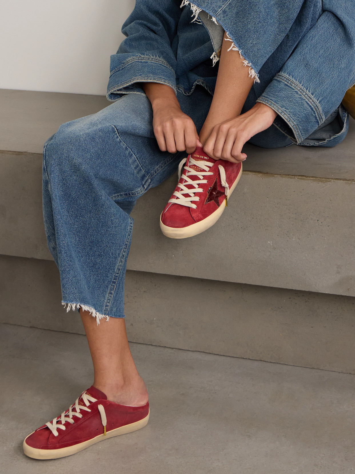 Golden Goose Super-star Sabot Distressed Croc-effect Leather-trimmed Suede Slip-on Sneakers In Red