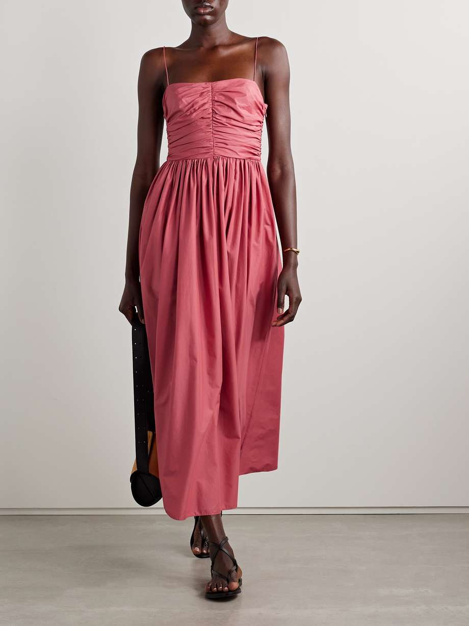 gathered organic cotton and silk-blend midi dress