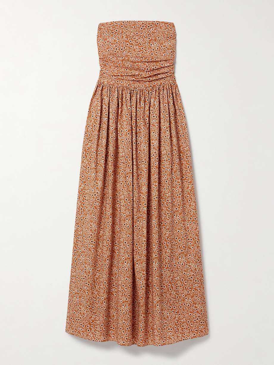 strapless floral-print gathered organic cotton-poplin midi dress
