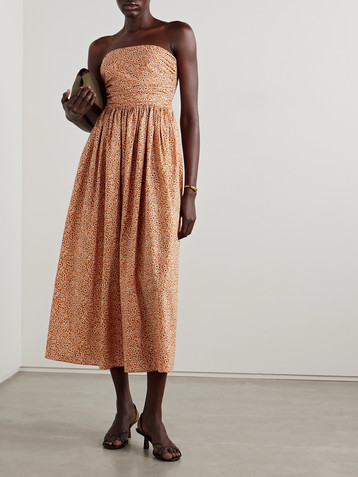 Matteau Strapless floral-print gathered organic cotton-poplin midi dress