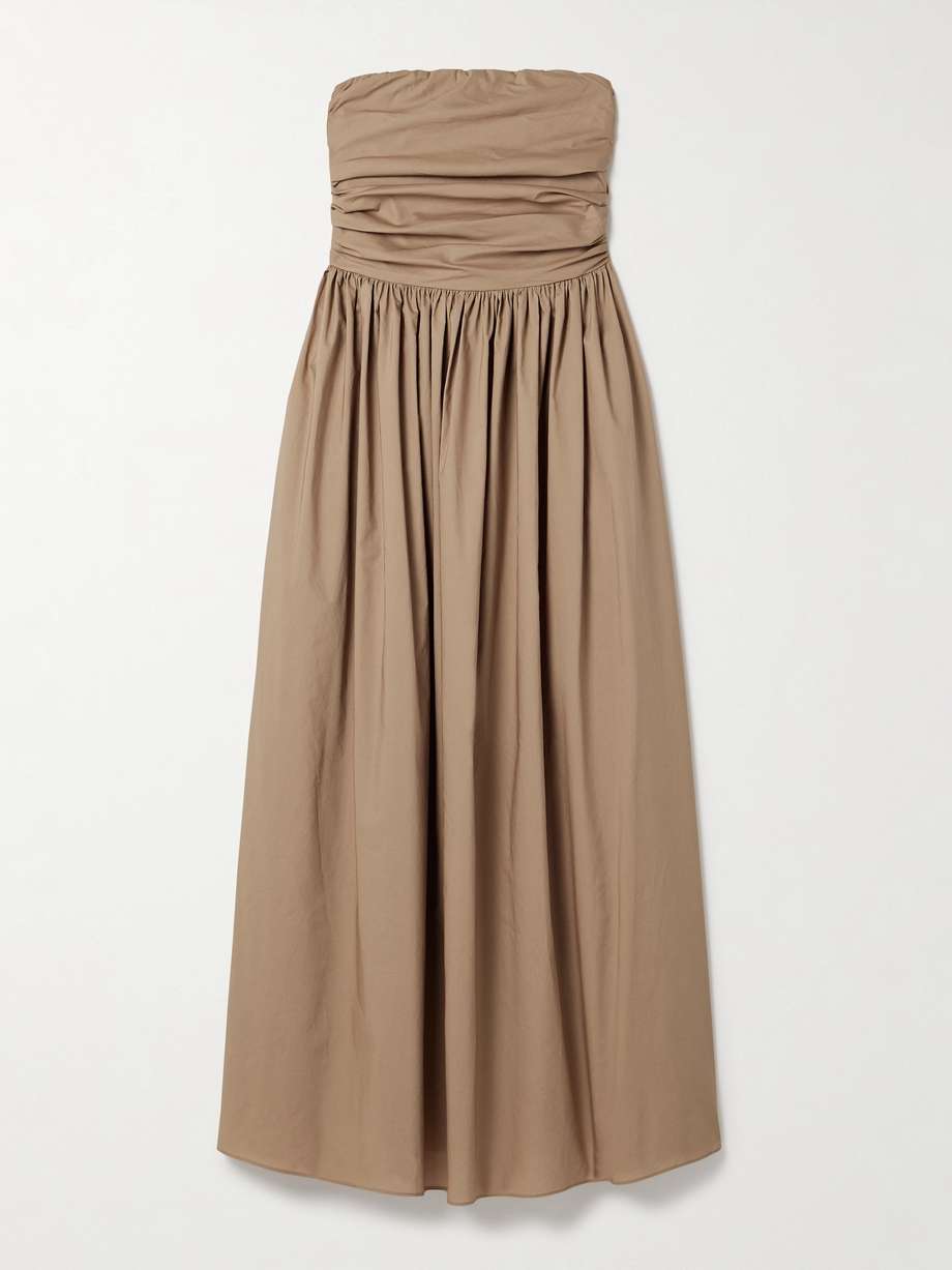 strapless gathered organic cotton-poplin midi dress