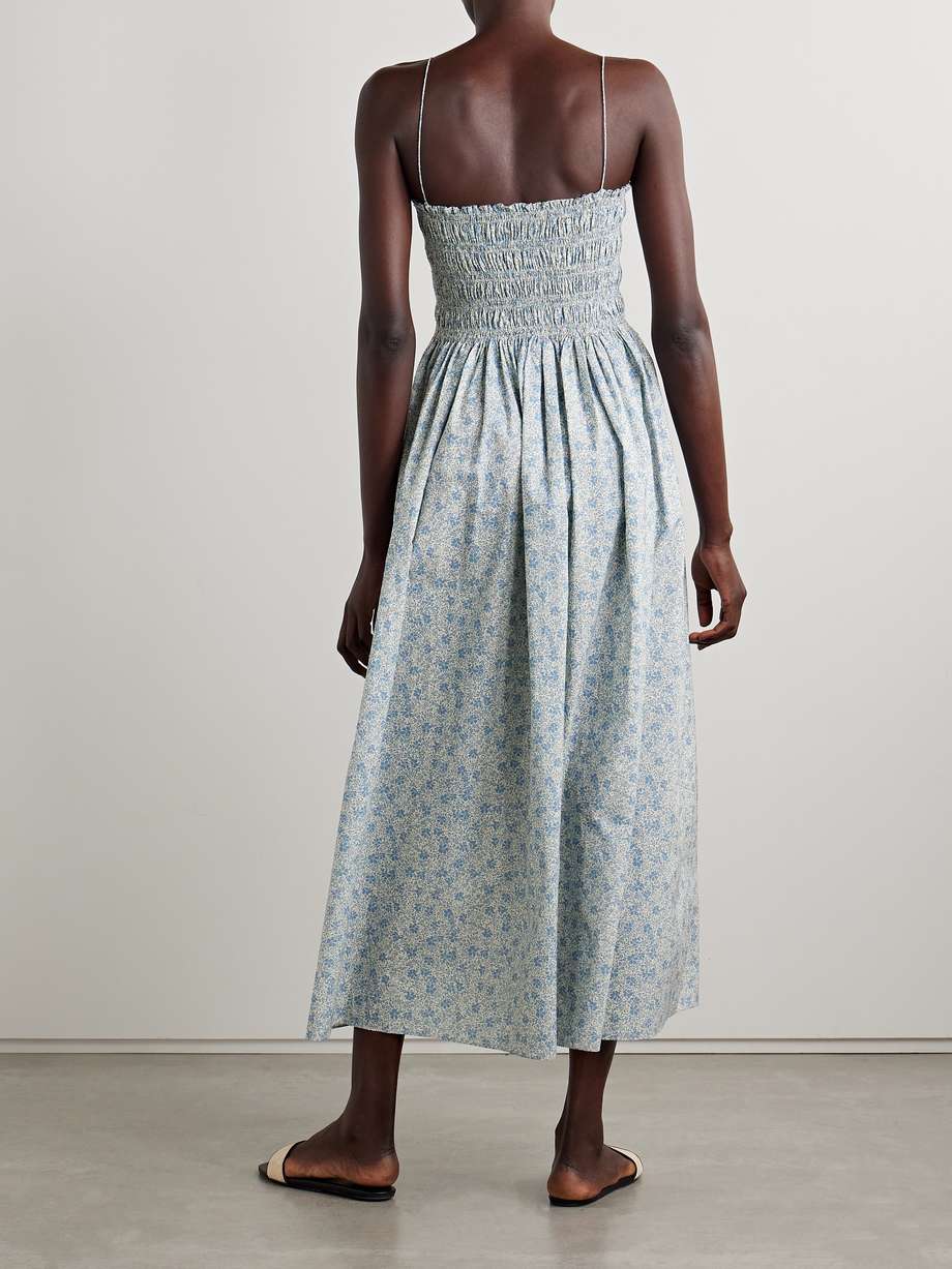 floral-print shirred organic cotton-poplin midi dress