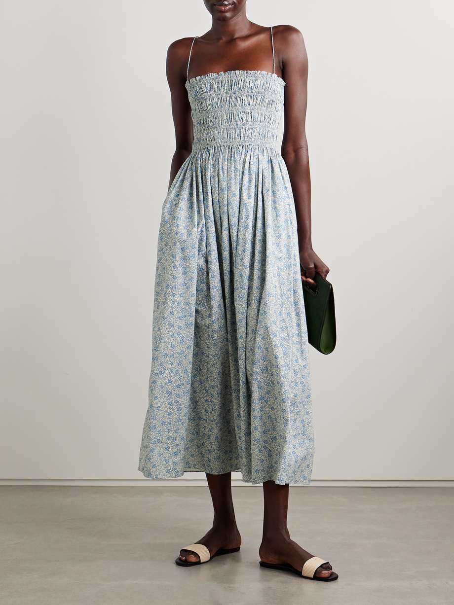 floral-print shirred organic cotton-poplin midi dress