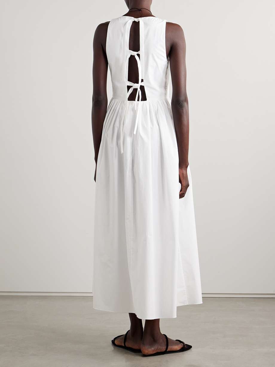 tie-detailed gathered organic cotton midi dress