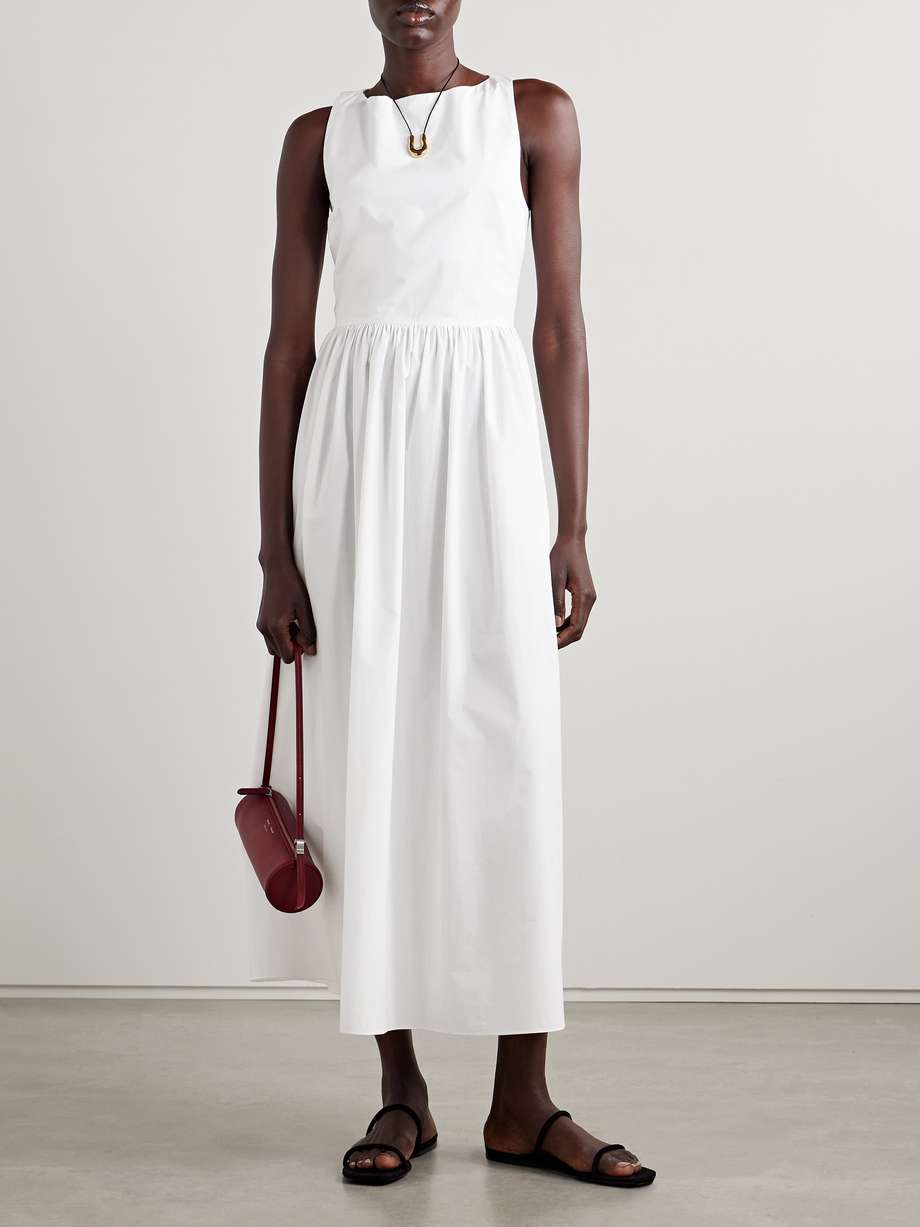 tie-detailed gathered organic cotton midi dress