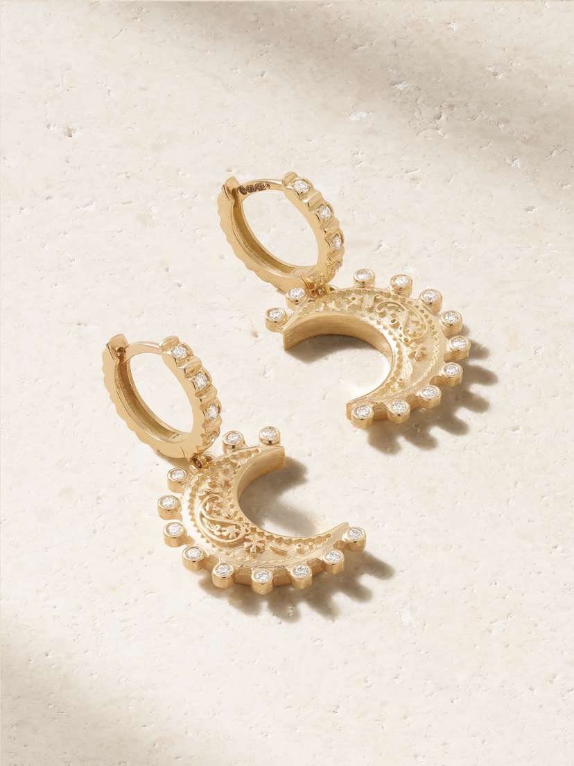 Marlo Laz Small Southwestern Moon 14-karat Gold Diamond Hoop Earrings