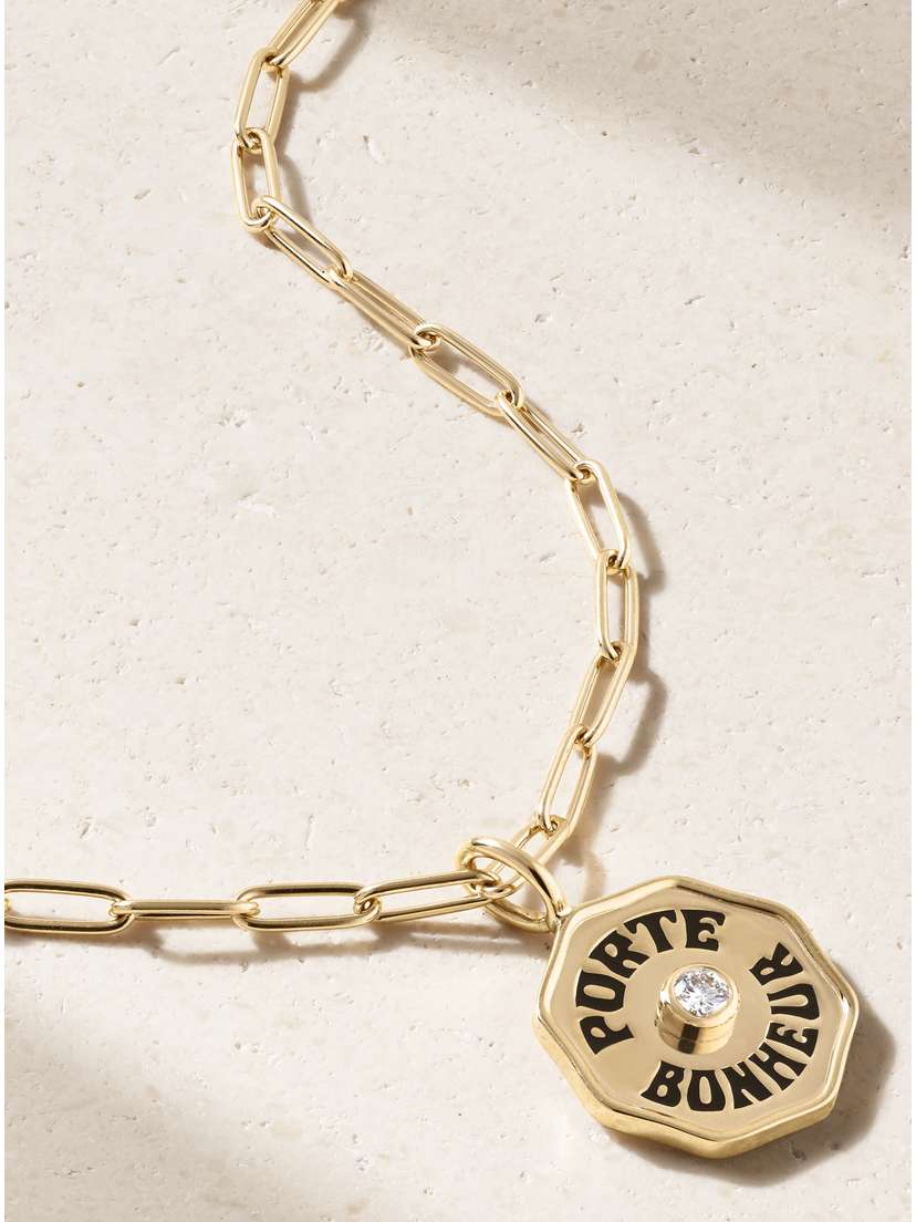 Marlo Laz Mini Porte Bonheur 14-karat Gold, Diamond And Enamel Necklace