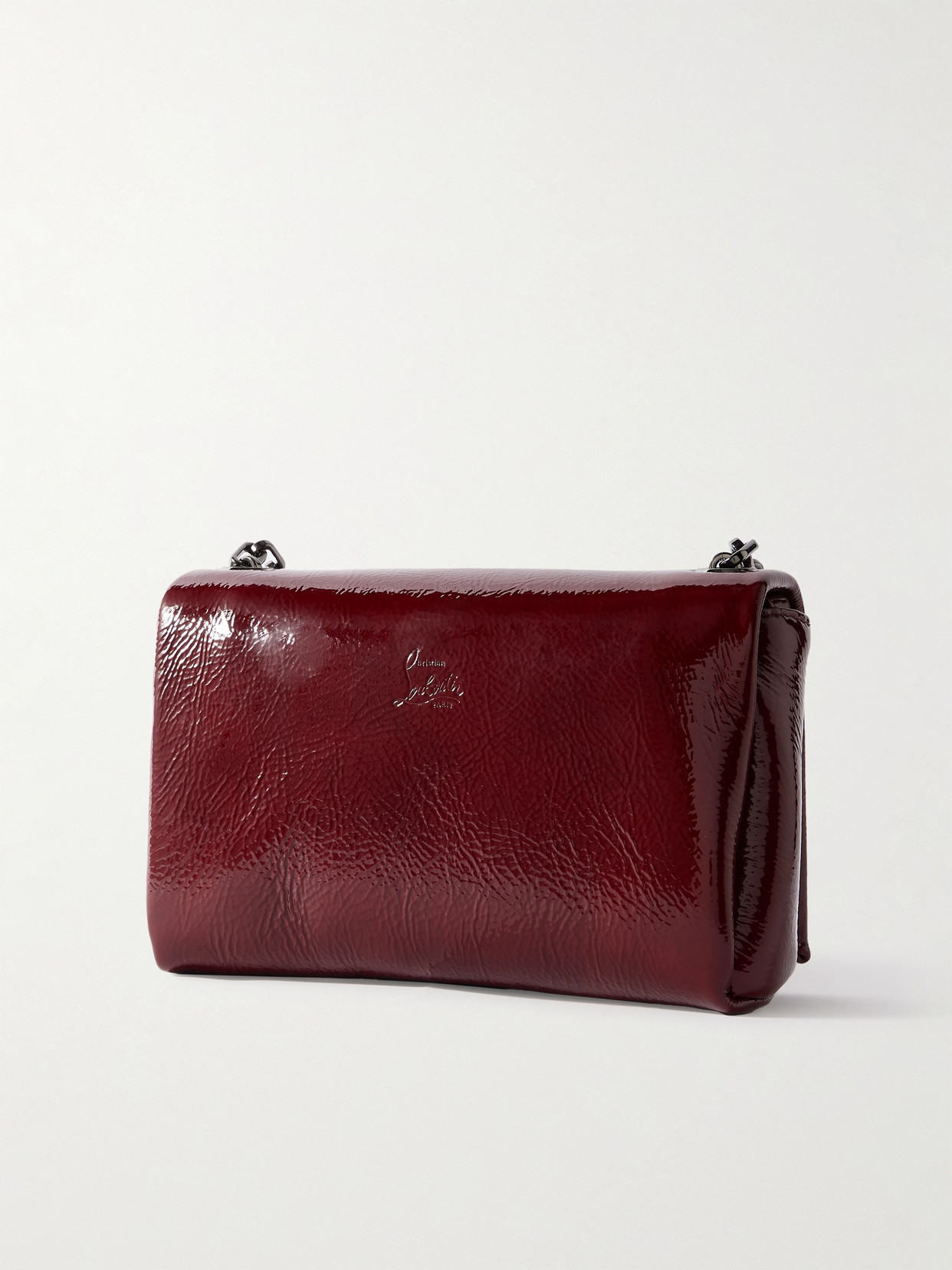 Christian Louboutin Loubi54 Embellished Crinkled Patent-leather Shoulder Bag In Burgundy