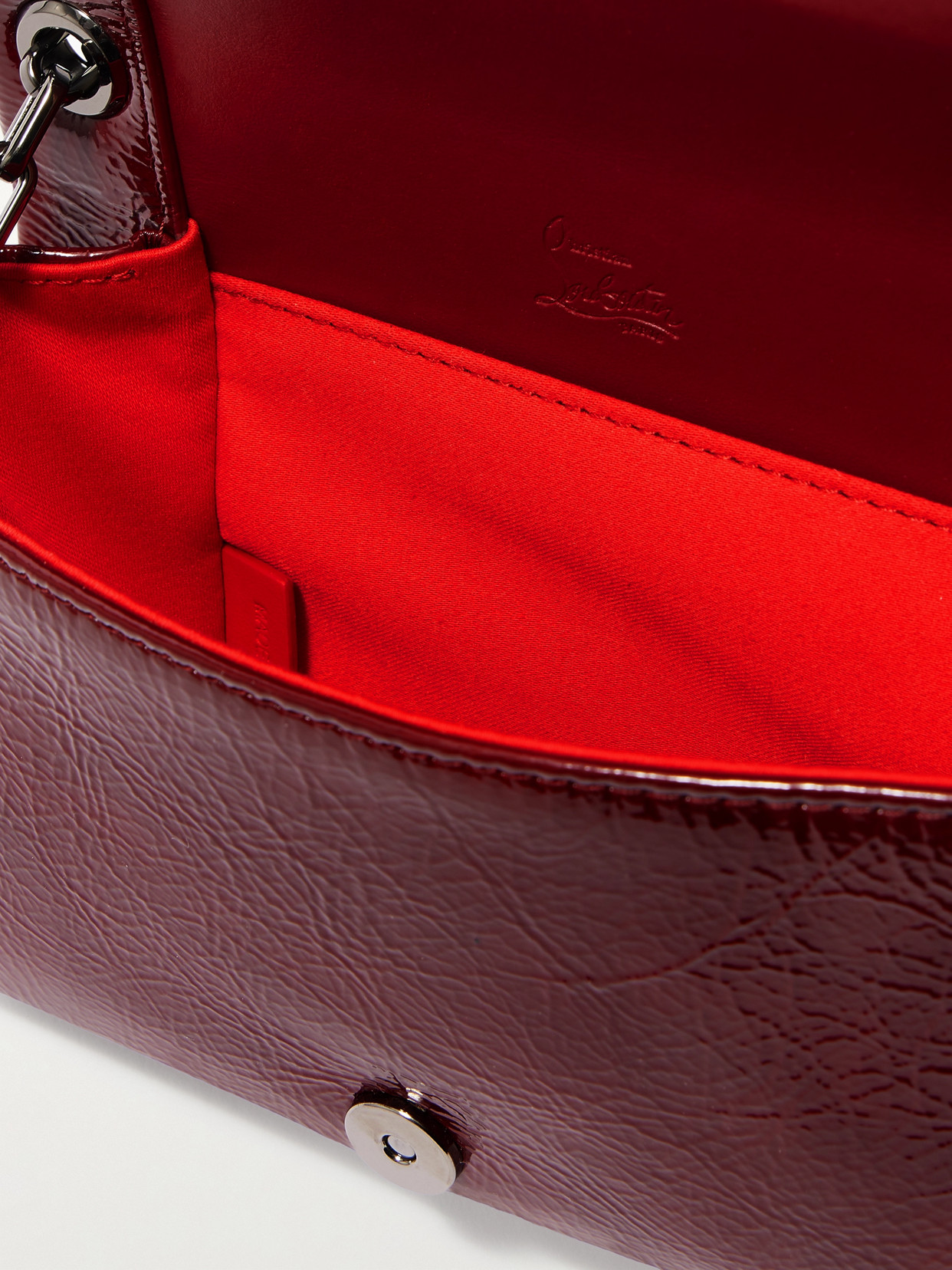 Christian Louboutin Loubi54 Embellished Crinkled Patent-leather Shoulder Bag In Burgundy