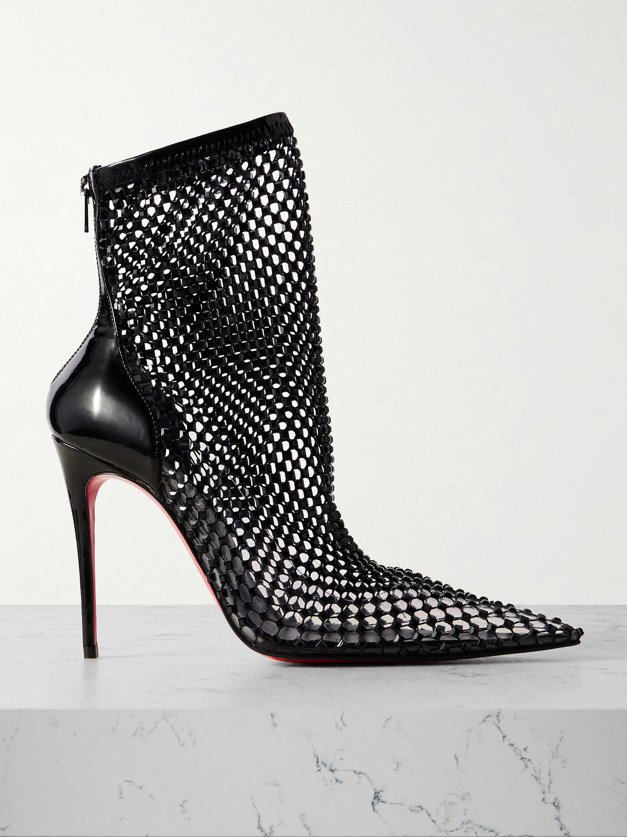 Christian Louboutin Kate Max 100 Crystal-embellished Patent-leather And Mesh Ankle Boots In Black