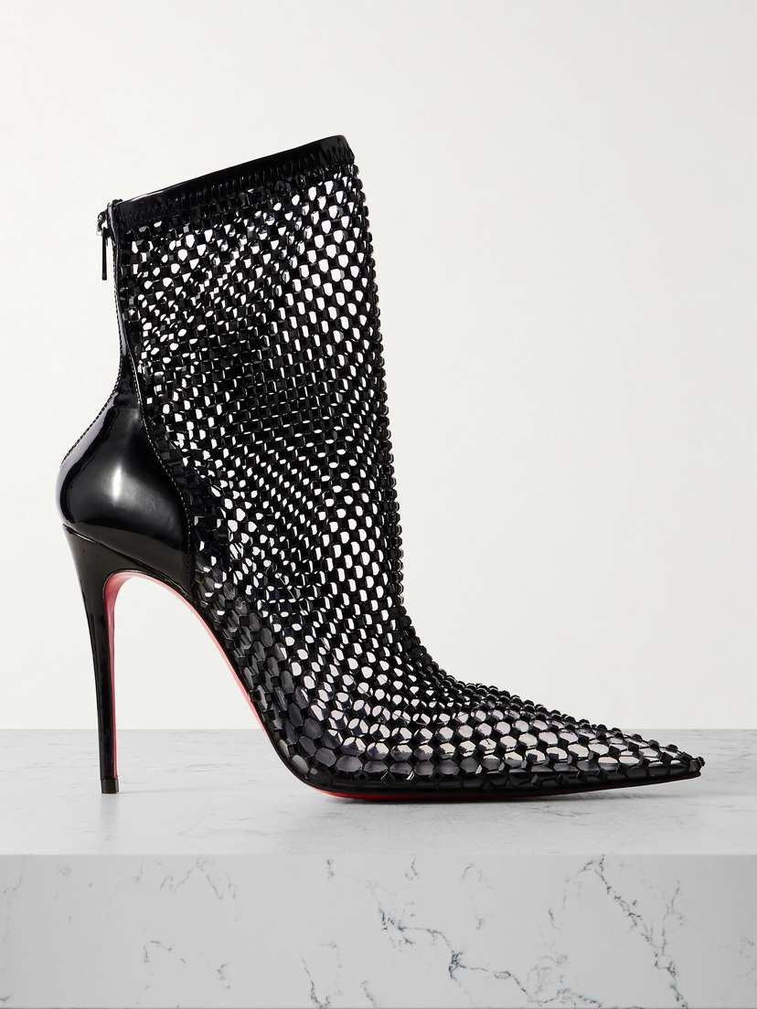 Christian Louboutin Kate Max 100 Crystal-embellished Patent-leather And Mesh Ankle Boots