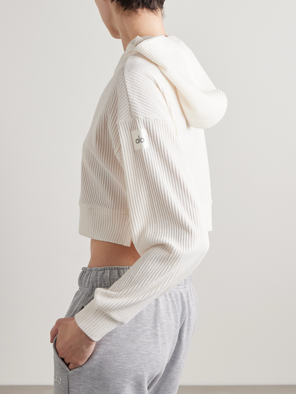 Shop Alo Yoga Muse Cropped Ribbed Brushed-jersey Hoodie In Ivory