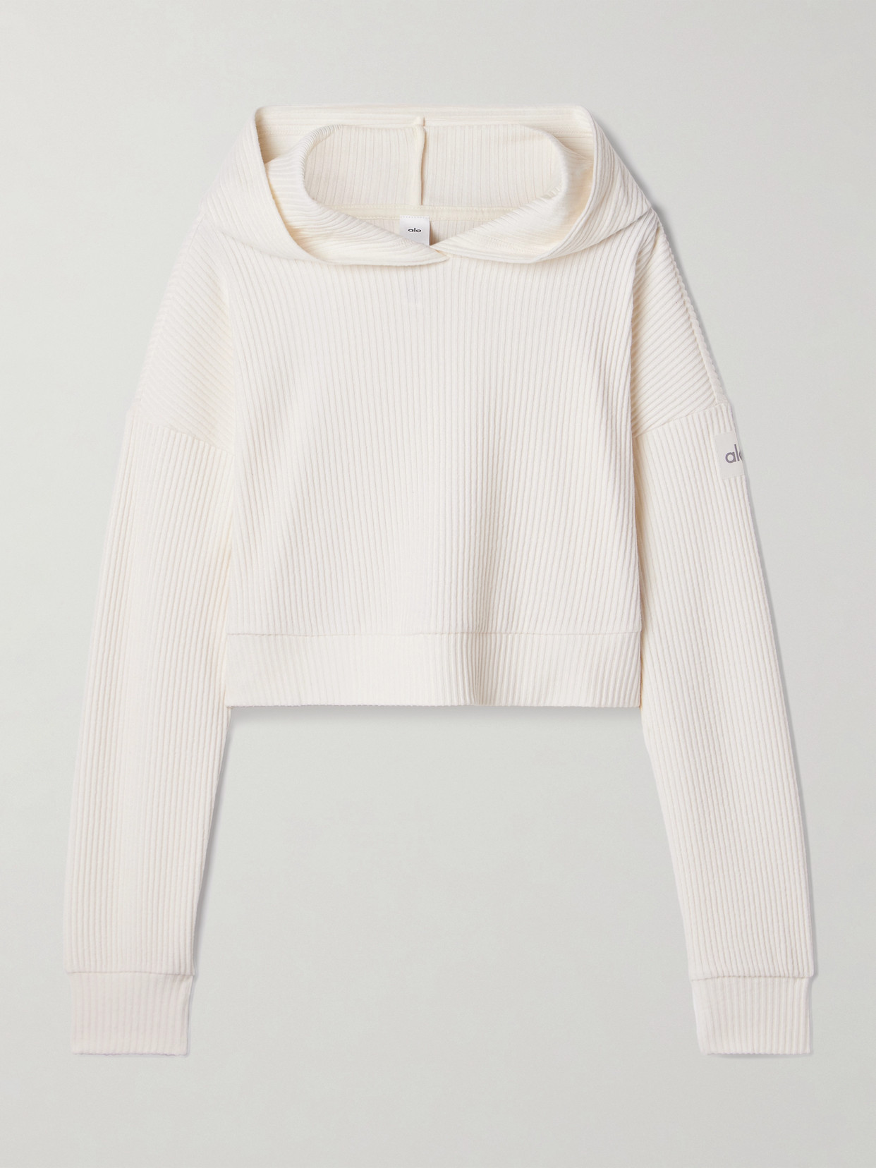 Alo Yoga Muse Cropped Ribbed Brushed-jersey Hoodie In Ivory