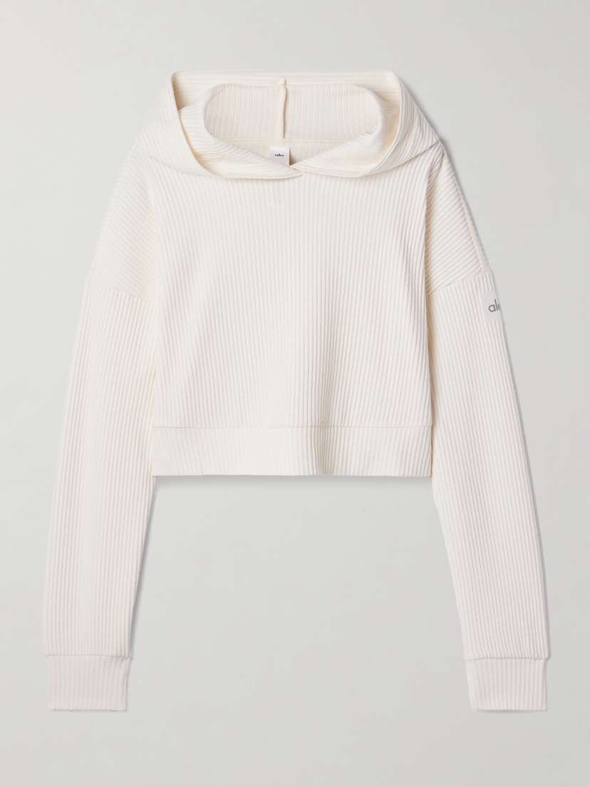 Alo Yoga Muse Cropped Ribbed Brushed-jersey Hoodie
