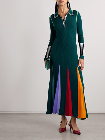 Christopher John Rogers Godet striped ribbed merino wool polo maxi dress