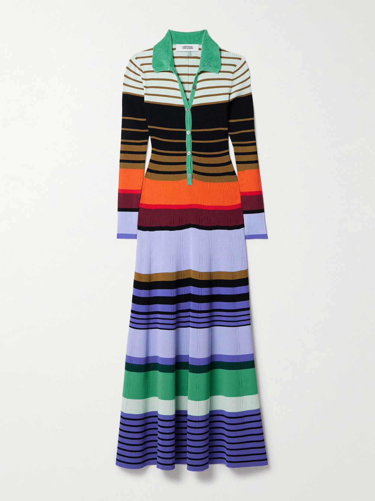 Christopher John Rogers Chenille-trimmed Striped Ribbed-knit Midi Dress In Multi