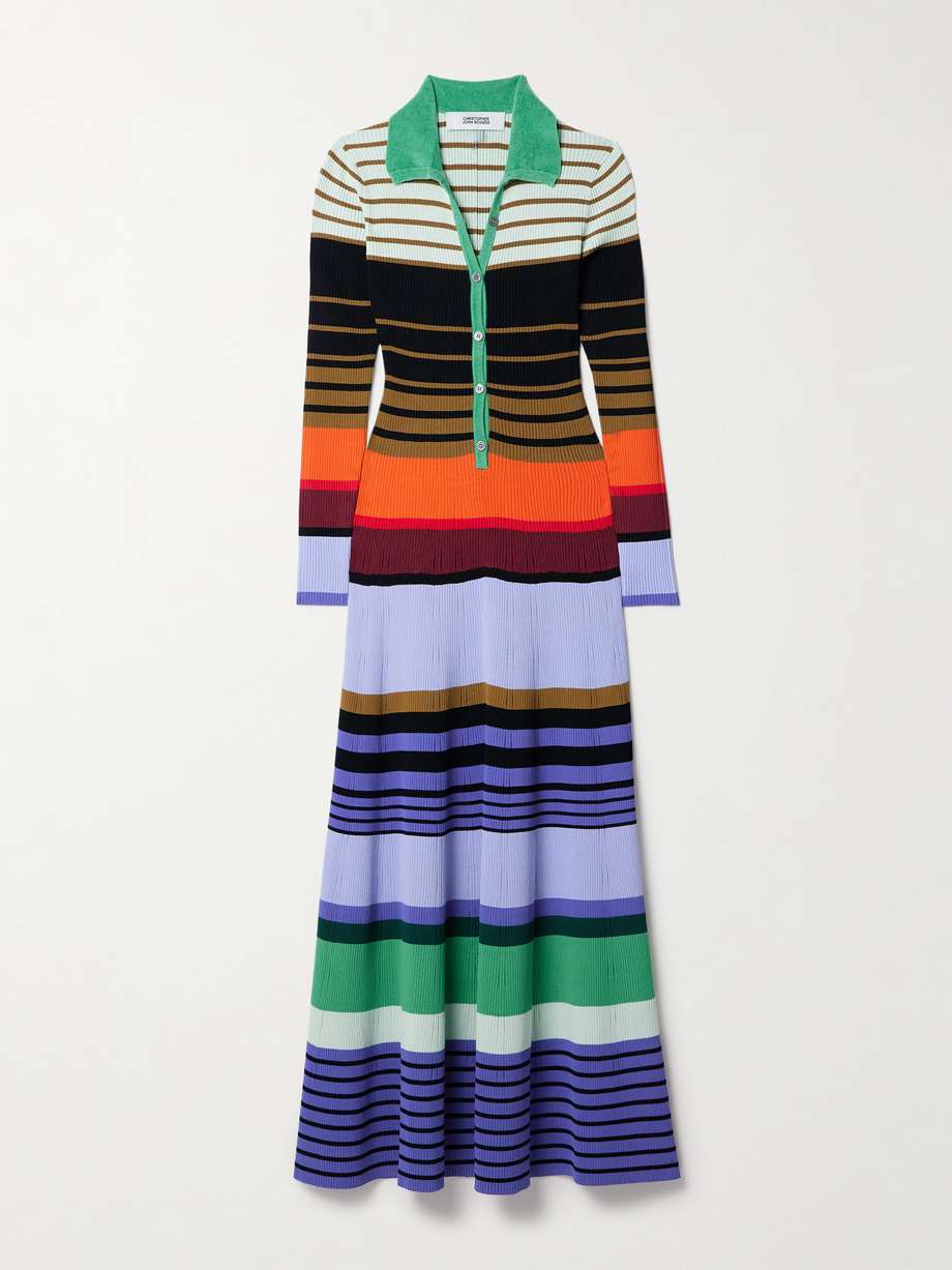 chenille-trimmed striped ribbed-knit midi dress