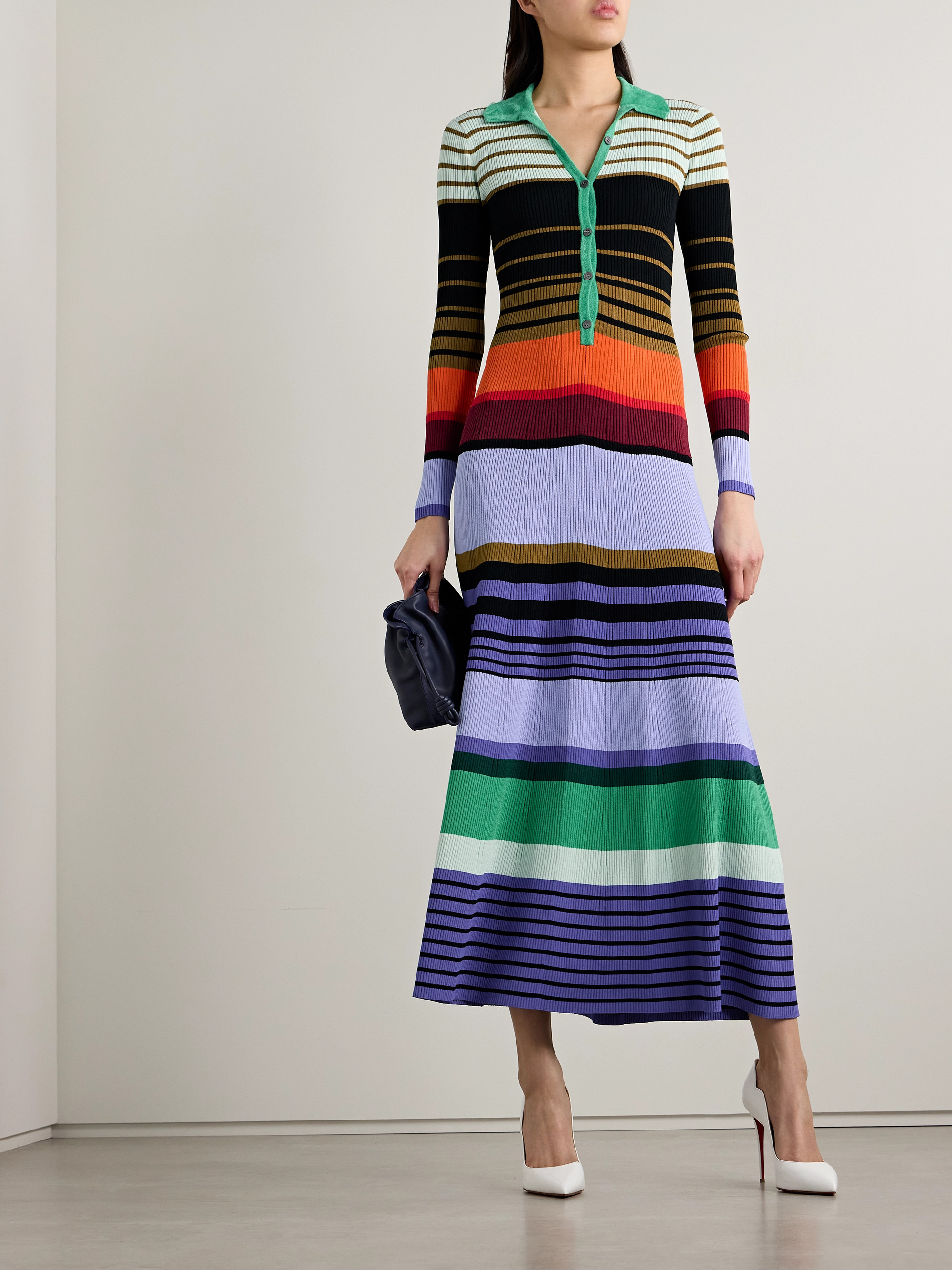 Christopher John Rogers - Chenille-trimmed striped ribbed-knit midi dress |  Plush