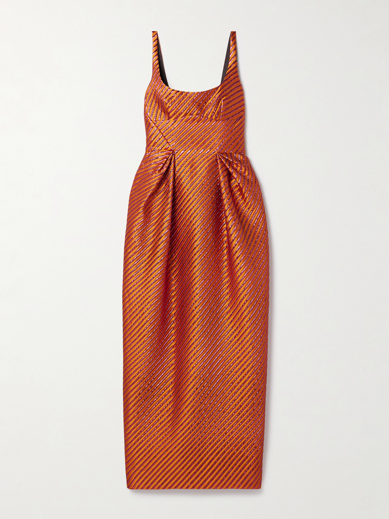 Christopher John Rogers Pleated Striped Metallic Jacquard Maxi Dress In Orange