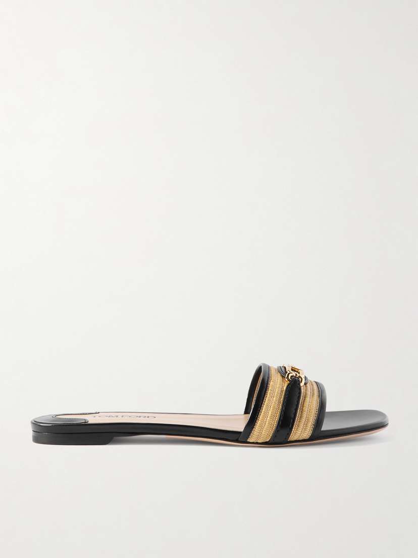 Tom Ford Logo-embellished Raffia-trimmed Leather Slides