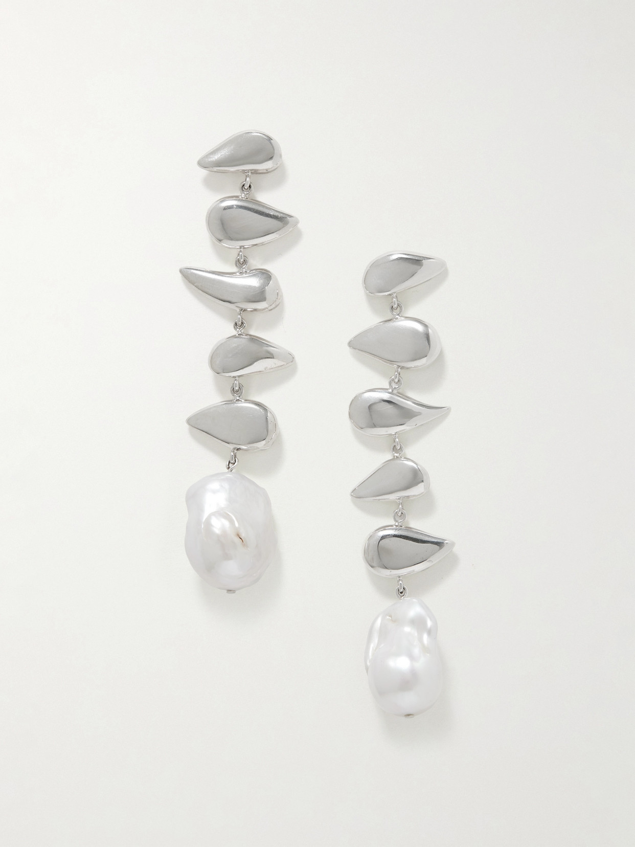 AGMES - Long Flora Sterling Silver Pearl Earrings - One size