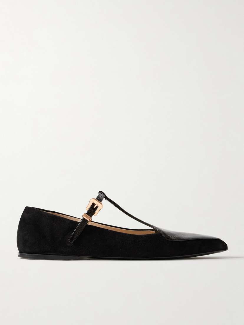 Gabriela Hearst Liv Patent Leather-trimmed Suede Mary Jane Ballet Flats