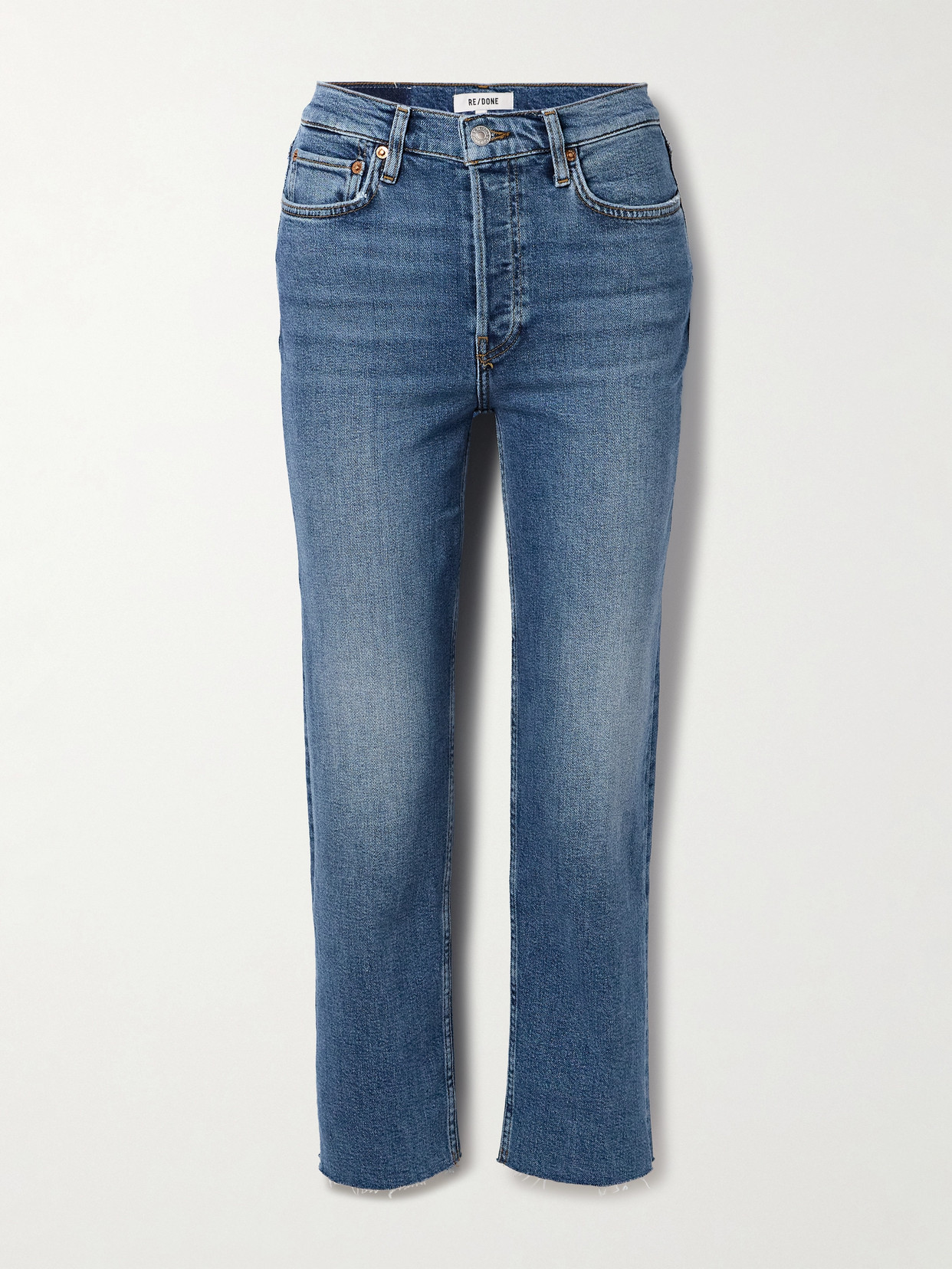Re/done 70s High Rise Stove Pipe Frayed Straight-leg Jeans In Blue