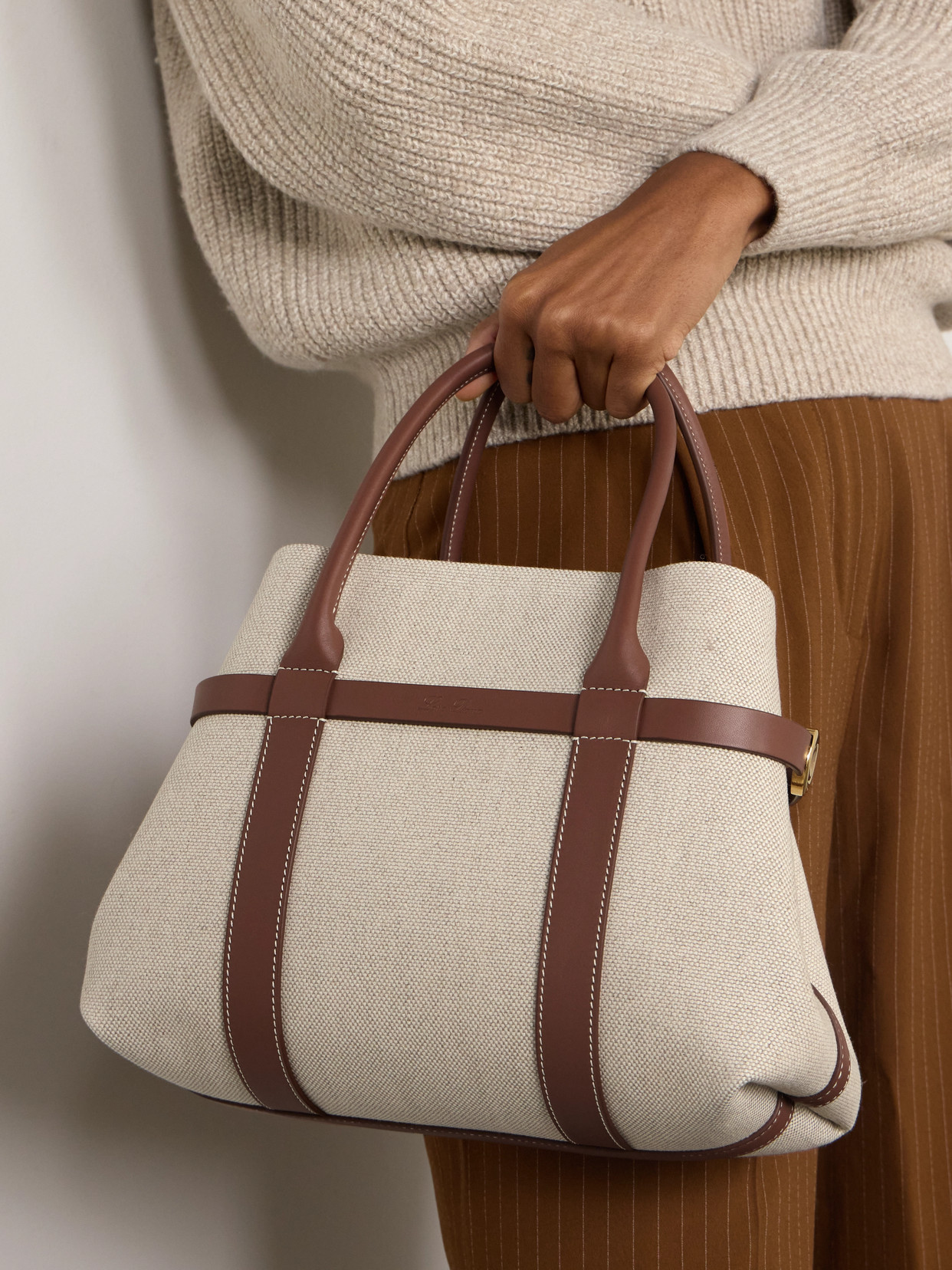 Loro Piana Ghiera Small Leather-trimmed Canvas Tote In Neutrals