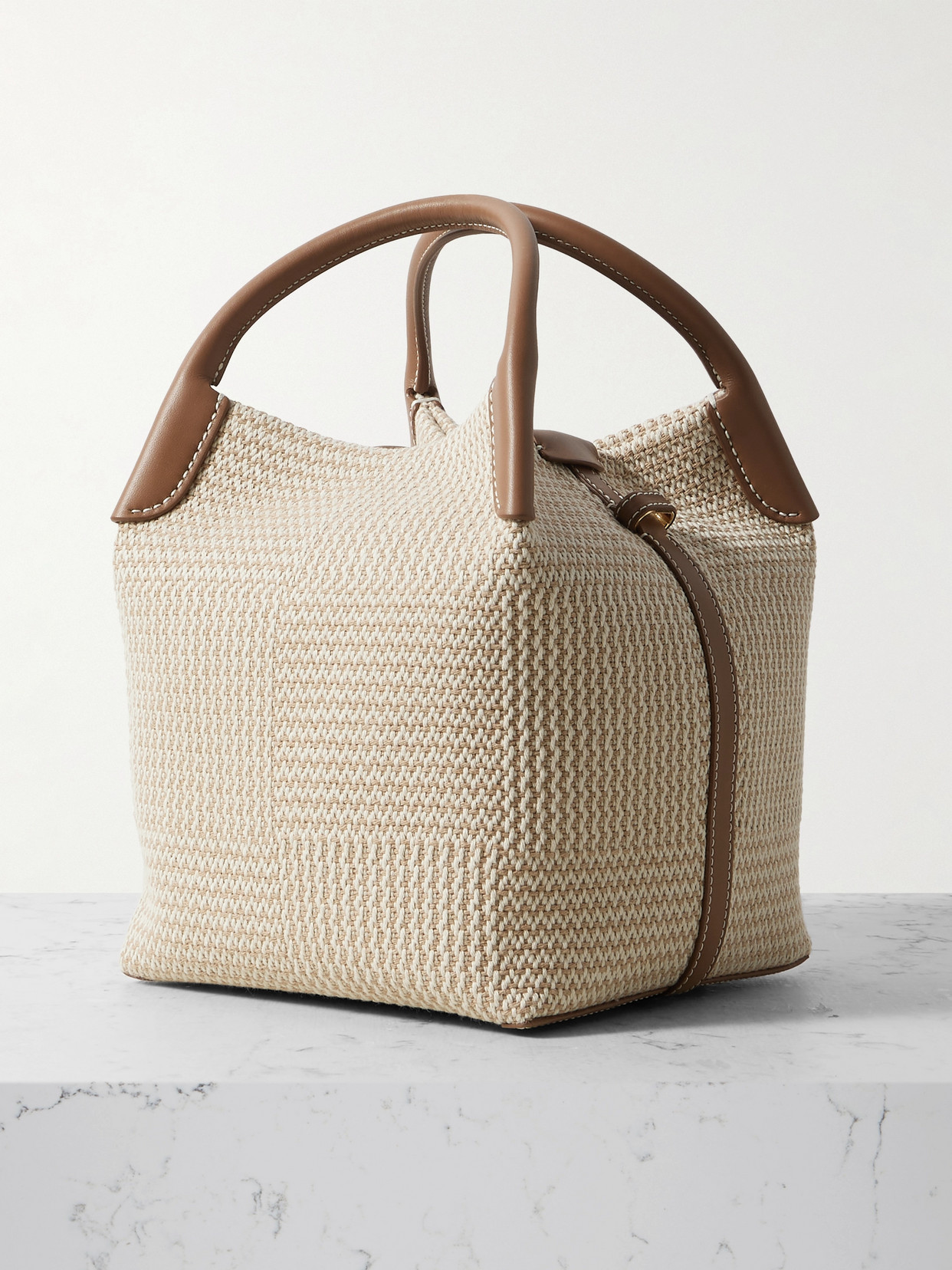 Loro Piana Bale Small Leather-trimmed Woven Cotton Shoulder Bag In Ecru