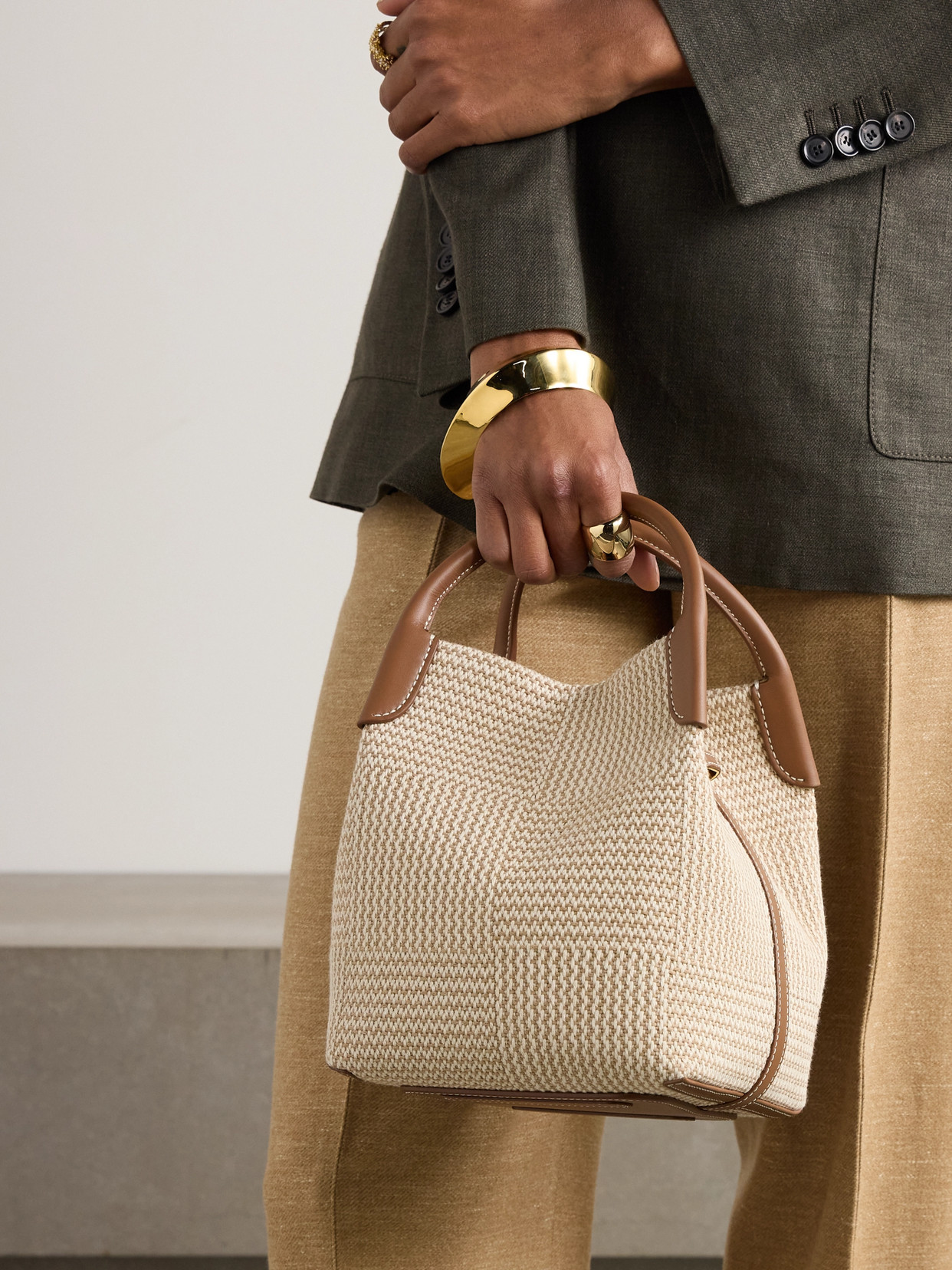 Loro Piana Bale Small Leather-trimmed Woven Cotton Shoulder Bag In Ecru