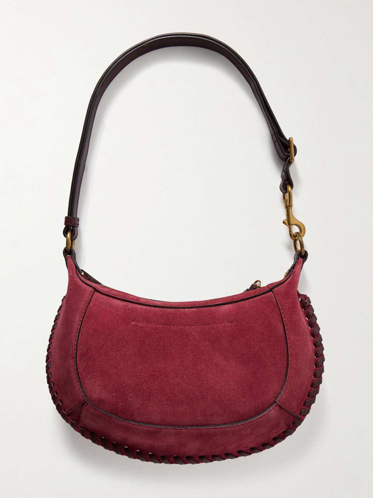 Isabel Marant Oskan Moon Whipstitched Leather-trimmed Suede Shoulder Bag In Burgundy
